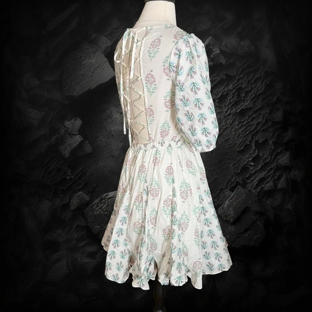 Christian Lacroix Tie Back Mini Dress Size S Lined Fit and Flare Puff‎ Sleeve